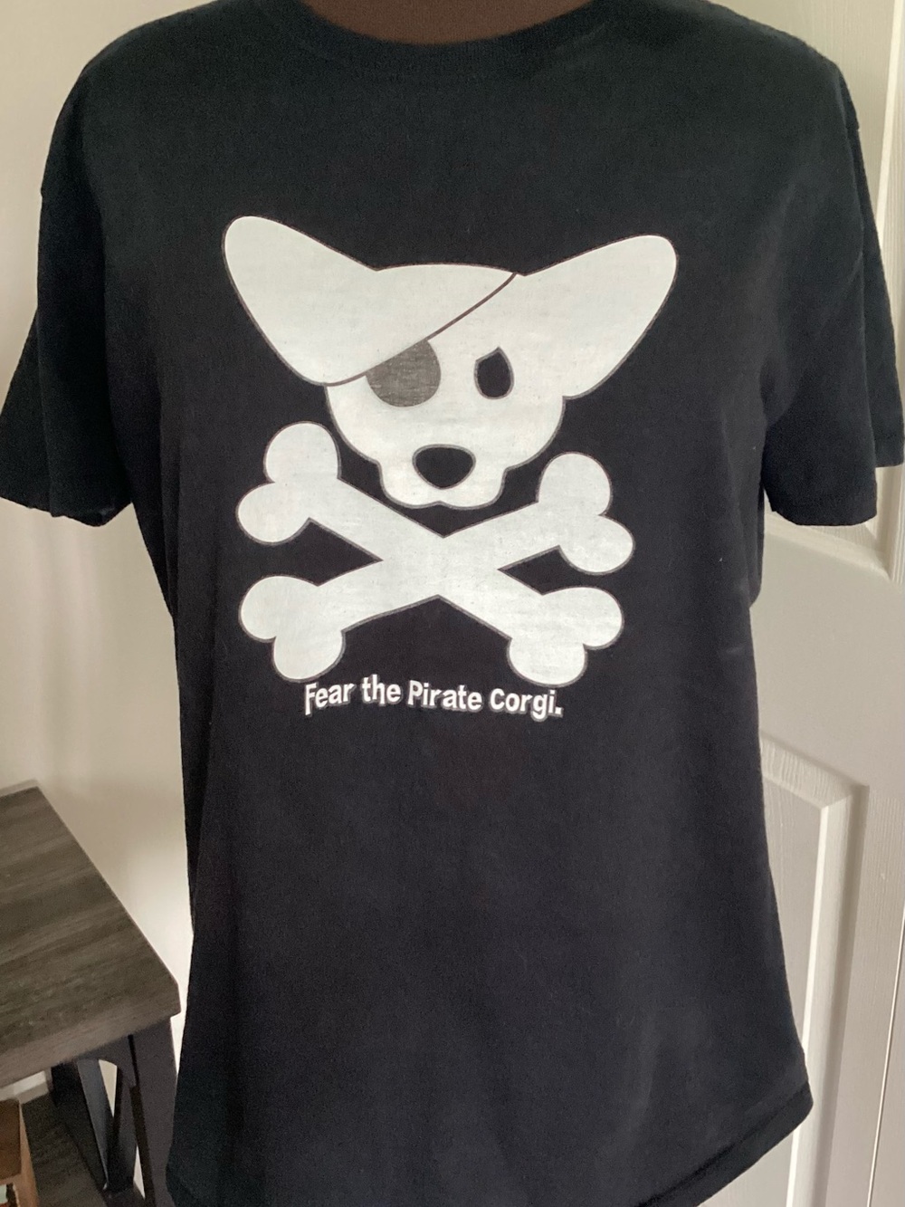 Hanes Black Short Sleeve Tee with White Fear The Pirate Corgi Women’s